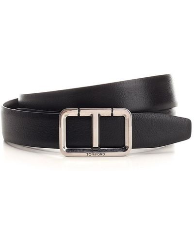 Tom Ford "t" Shiny Leather Belt With Silver Buckle - White