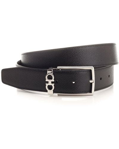 Ferragamo Black Leather Belt - White