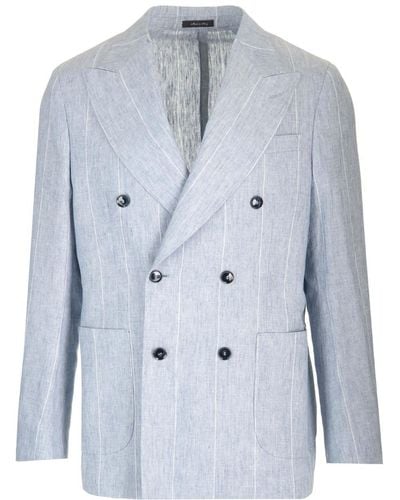 Al Duca d'Aosta Double-breasted Pinstriped Linen Jacket - Blue