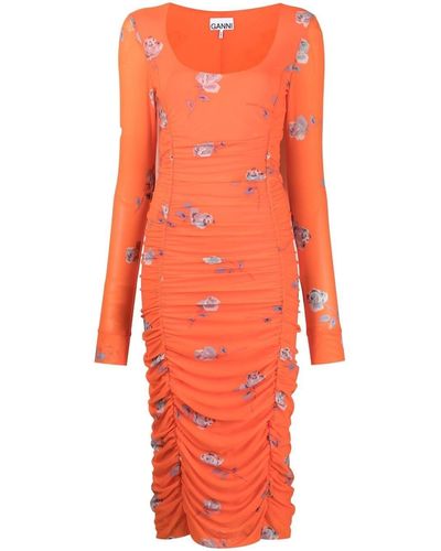 Ganni Floral-print Ruched Midi Dress - Orange