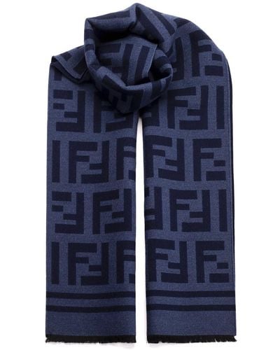Fendi Blue/navy Macro All Over Ff Scarf In Wool 35x180