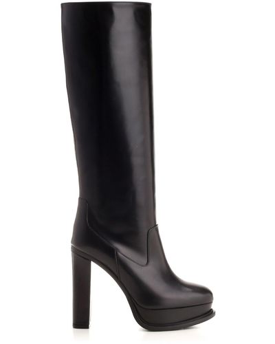 Alexander McQueen 120mm Platform Leather Knee Boots - Black