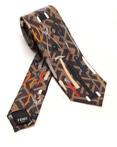 Fendi All Over Ff Brown/black With Tools Print Tie