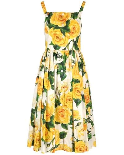 Dolce & Gabbana Pleated Button-embellished Floral-print Cotton-poplin Midi Dress - Yellow