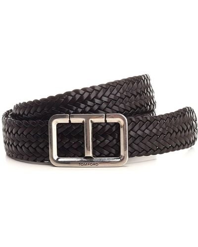 Tom Ford "t" Belt In Woven Leather - White