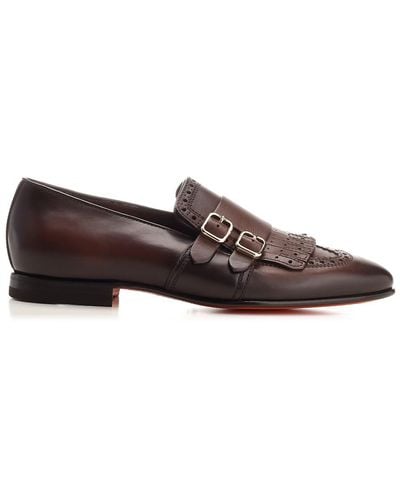 Santoni Double Buckle And Fringe Loafer - Brown