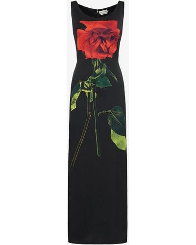 Alexander McQueen Robe Longue En Satin De Soie À Imprimé Fleuri - Noir