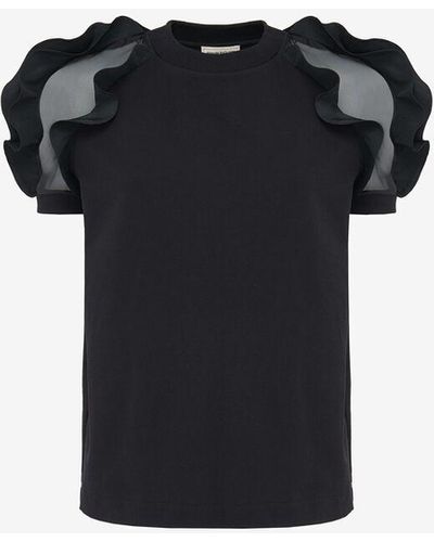 Alexander McQueen Ruffled-trim Round-neck Cotton-jersey T-shirt - Black