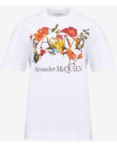 Alexander McQueen T-shirt con logo e motivo con fiori olandesi - Bianco