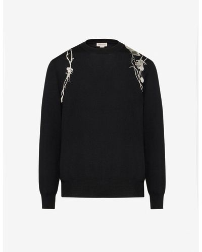 Alexander McQueen Embroidered Crewneck Wool Knitted Sweater - Black