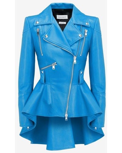 Alexander McQueen Peplum-hem Collared Leather Jacket - Blue