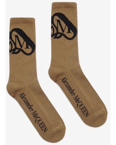 Alexander McQueen Logo-intarsia Ribbed Socks - Brown