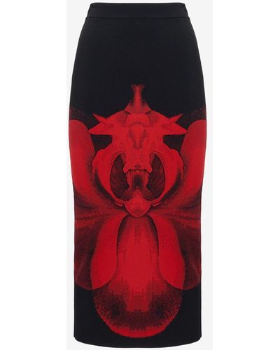 Alexander McQueen Black Ethereal Orchid Pencil Skirt - Red