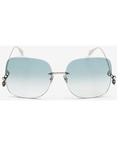 Alexander McQueen Silver Skull Pendant Jeweled Sunglasses - Blue