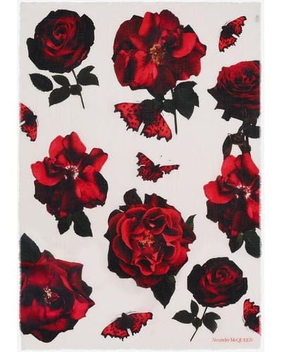 Alexander McQueen White Roses Shawl - Red