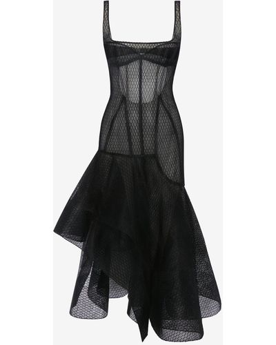Alexander McQueen Asymmetric Fishnet Tulle Dress - Black