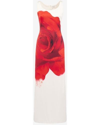 Alexander McQueen White Bleeding Rose Pencil Dress - Red