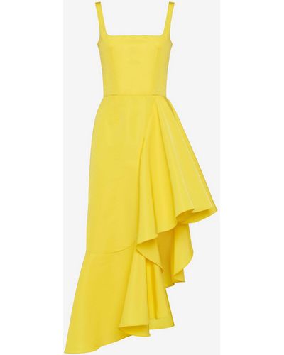 Alexander McQueen Asymmetric Ruffled Taffeta Midi Dress - Yellow