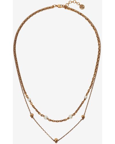 Alexander McQueen Gold Pearl Skull Chain Necklace - Multicolour