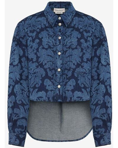 Alexander McQueen Floral-Print Cropped Shirt - Blue