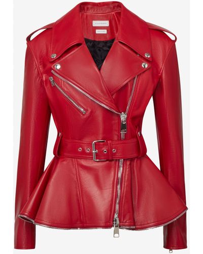Alexander McQueen Peplum-hem Notched-collar Leather Jacket - Red