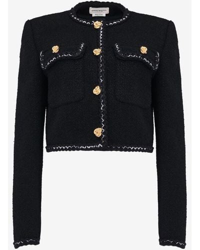 Alexander McQueen Cropped Embroidered Wool-blend Tweed Jacket - Black