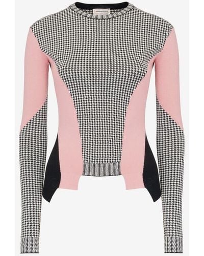 Alexander McQueen Colourblock-pullover mit schößchen und hahnentrittmuster - Pink