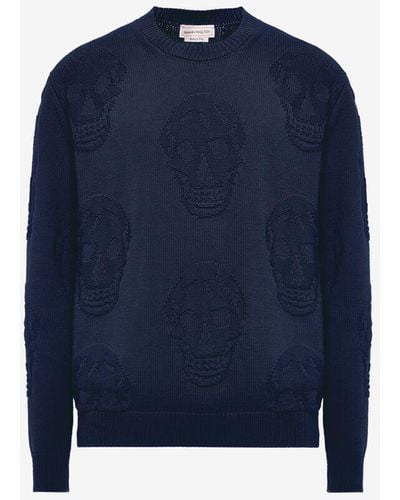 Alexander McQueen Blue Textured Skull Sweater
