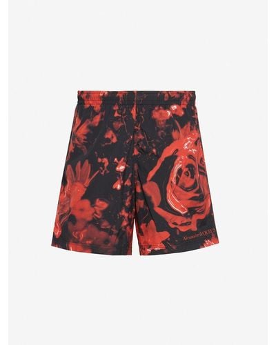 Alexander McQueen Black Wax Flower Swim Shorts - Red