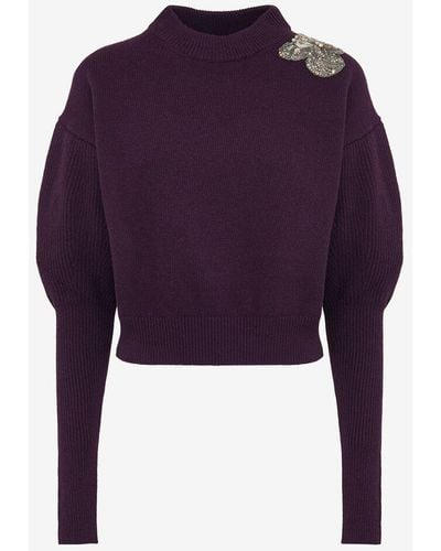 Alexander McQueen Purple Crystal Orchid Embroidery Sweater