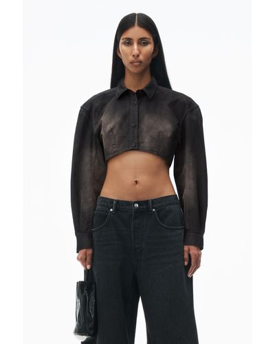 Alexander Wang Curved Cropped Shirt In Cotton Twill - Black