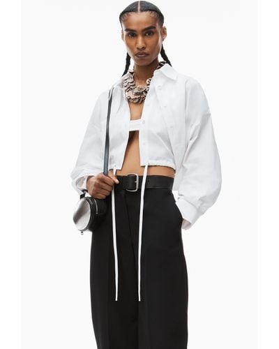 Alexander Wang Double Layered Cropped Shirt In Compact Cotton With Tie Waistband - White
