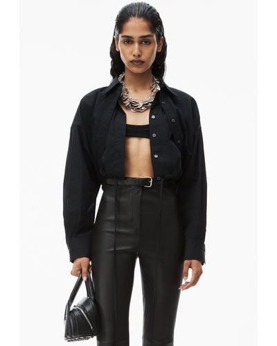 Alexander Wang Double Layered Cropped Shirt In Compact Cotton With Tie Waistband - Black