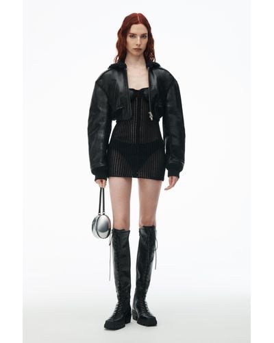 Alexander Wang Leather Bomber Jacket With Crochet Hood - Black