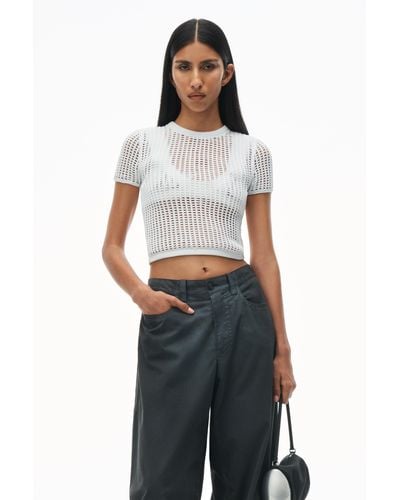 Alexander Wang Crochet Cropped Crewneck Tee With Logo - White