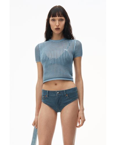 Alexander Wang Crochet Cropped Crewneck Tee With Logo - Blue