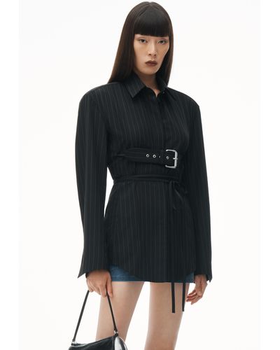 Alexander Wang Long Sleeve Belted Shirt In Pinstripe Wool - Black