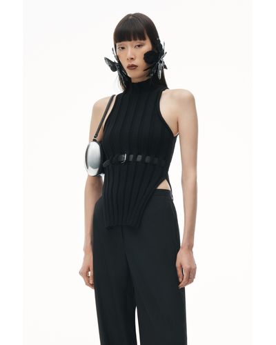 Alexander Wang Ribbed Mock Neck Tank Top With Leather Belt - Black