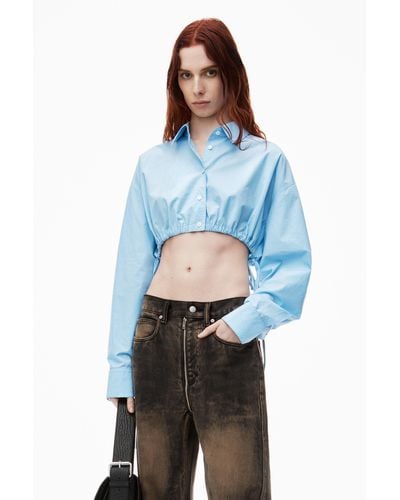 Alexander Wang Cropped Drawstring Blouse In Cotton & Crystal Hotfix - Blue