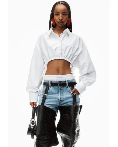 Alexander Wang Cropped Drawstring Blouse In Cotton & Crystal Hotfix - White