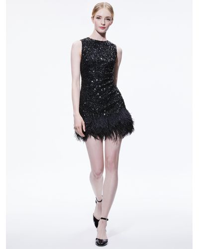 Alice + Olivia Coley Embellished Feather Trim Mini Dress - Black