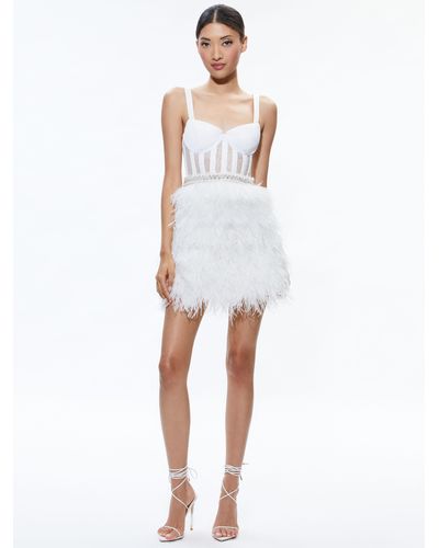 Alice + Olivia Xia Sheer Bustier Feathered Mini Dress - White
