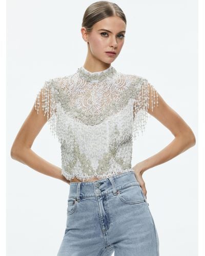 Alice + Olivia Pria Embellished Mock Neck Fringe Top - White