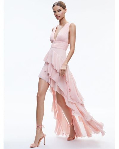 Alice + Olivia Holly Low Neck Asymmetric Ruffled Maxi Dress - Pink
