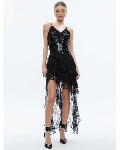 Alice + Olivia Nelia Sequined High Low Ruffled Maxi Dress - Black