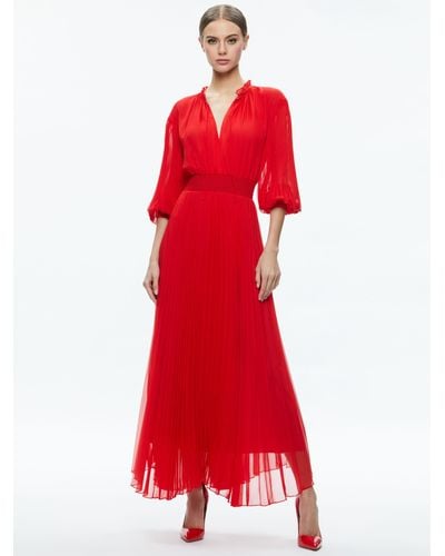 Alice + Olivia Vernia Blouson Sleeve Pleated Maxi Dress - Red