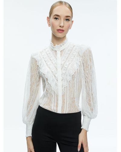 Alice + Olivia Rheba Mock Neck Button Front Lace Top - White