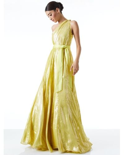 Alice + Olivia Milan One Shoulder Gown With Waist Bow - Yellow