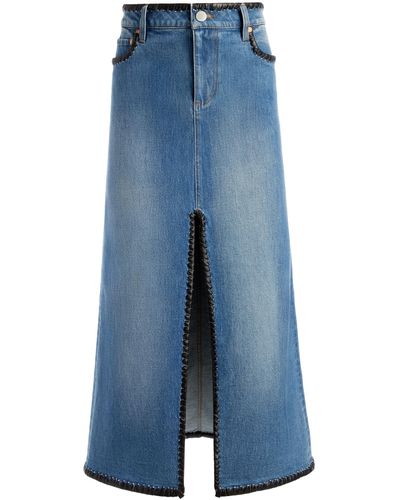 Alice + Olivia Rye Denim Maxi Skirt With Vegan Leather - Blue