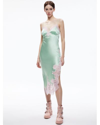 Alice + Olivia Kerr Lace Trim Asymmetrical Slip Midi Dress - Green